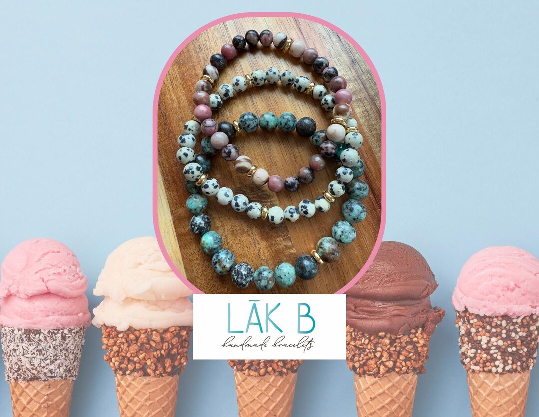 Handmade Beaded Ice Cream Bracelet Set: Jasper, Rhodonite & Zebra ...