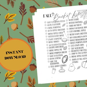 May include: A printable checklist with a black and white illustration of a spider web and a pumpkin. The checklist is titled "Fall Bucket List" and includes activities such as visiting a pumpkin patch, going on a hayride, carving pumpkins, and going to an apple orchard.