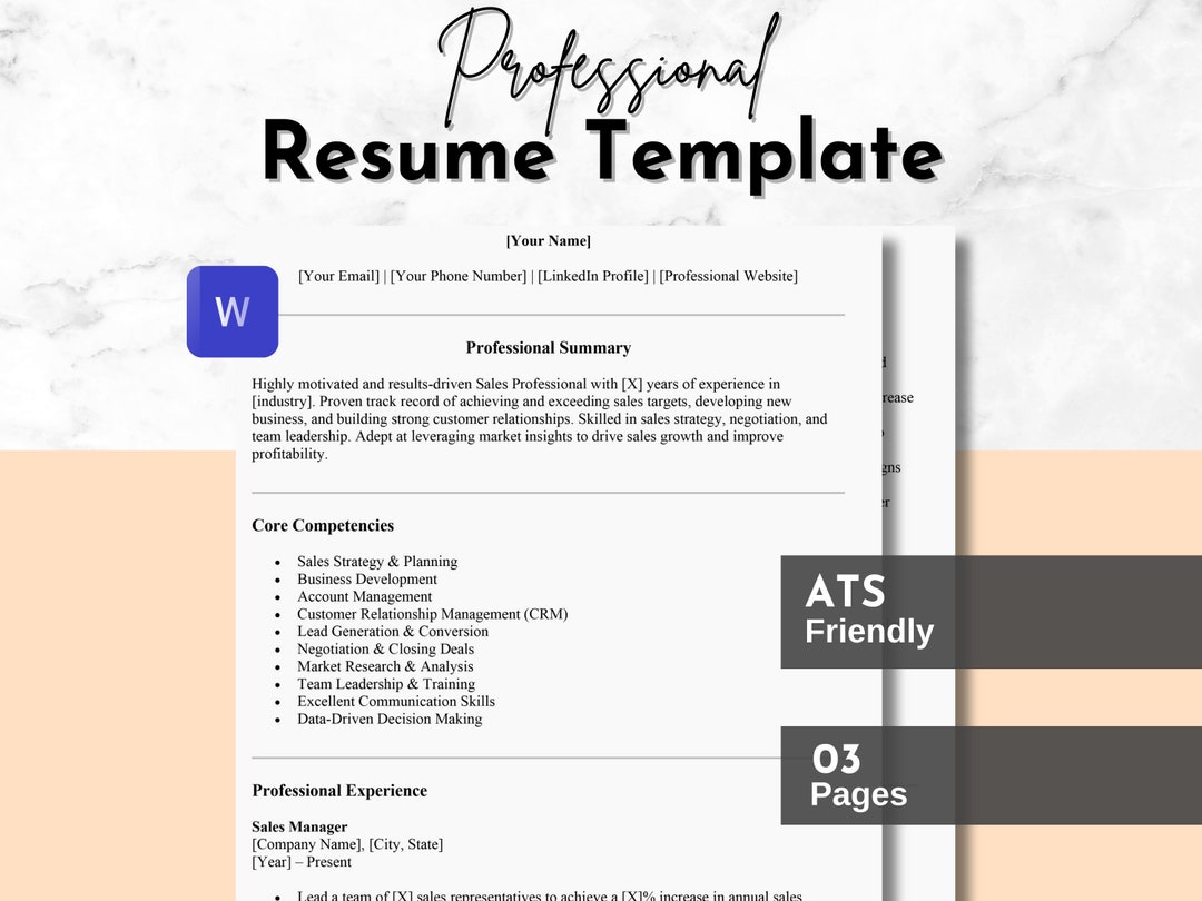 Resume Template MS Word 3 Page Design ATS Friendly - Etsy
