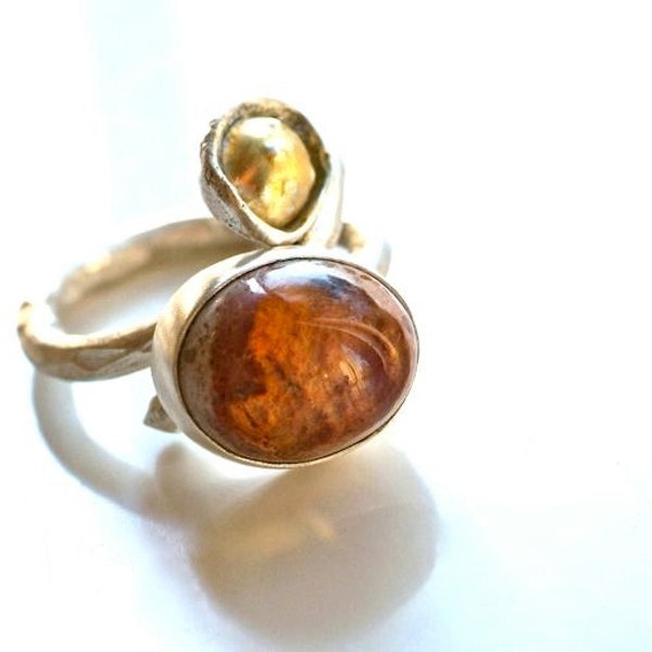 rustic golden pod and fire opal sterling silver twig ring