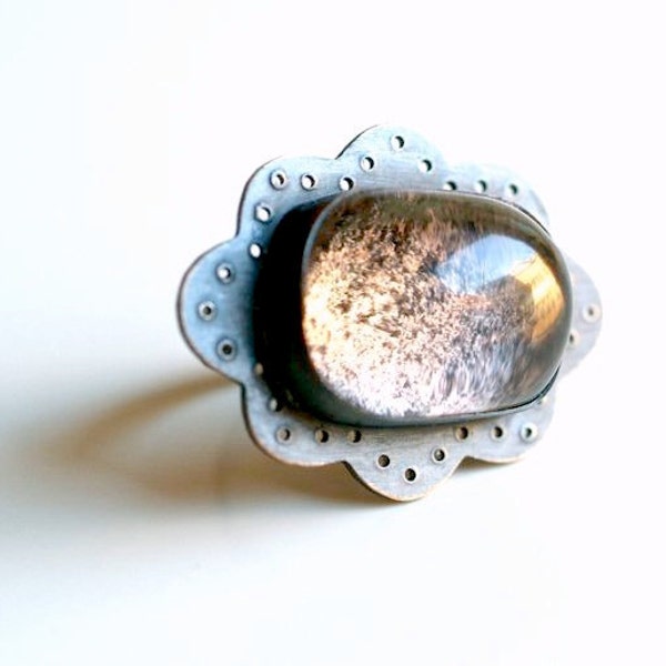 Sterling Silver Eyelet Lace and Quartz Stone Ring, Gemstone Ring, Wearable Art Jewelry,