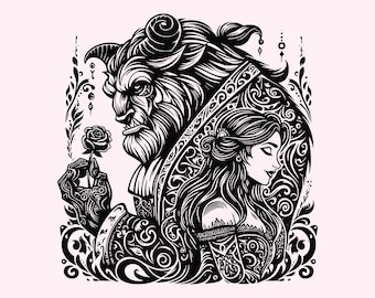 La Bella y la Bestia Svg , Rosa Encantada Svg, Mandala Svg, Archivos de Corte de Silueta, Camiseta Svg, Png, Imprimible, Clipart, Diseño de Sublimación
