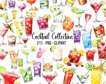 Watercolor Cocktail Clipart Bundle, Bar Menu, Champagne Clipart, Wedding Cocktail PNG, Alcohol Clipart, Champagne, Wine, Beeer, Whiskey