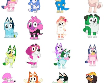 Pode incluir: Um conjunto de 16 ilustrações digitais com cães de desenho animado em várias poses e roupas. Os cães são de diferentes cores e têm diferentes expressões. Alguns dos cães usam chapéus, óculos de sol e outros acessórios. O texto "Spring Vibes" e "Toon Your World" está incluído na imagem.
