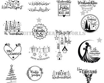 Puede incluir: Ilustraciones de Navidad en blanco y negro con diferentes lemas en alemán. Las ilustraciones incluyen un árbol de Navidad, un corazón, una estrella, una casa, un trineo, una mujer con un vestido y un ángel. El texto incluye "Weihnachtsliebe", "Winterträume", "Weihnachtslicht", "Frohe Weihnachten", "Hallo Winter", "Oh Tannenbaum", "Frohes Fest", "Ein besinnliches Weihnachtsfest", "Winterzauber", "Frohe Weihnachten", "Vom Christkind", "PDF SVG PNG".