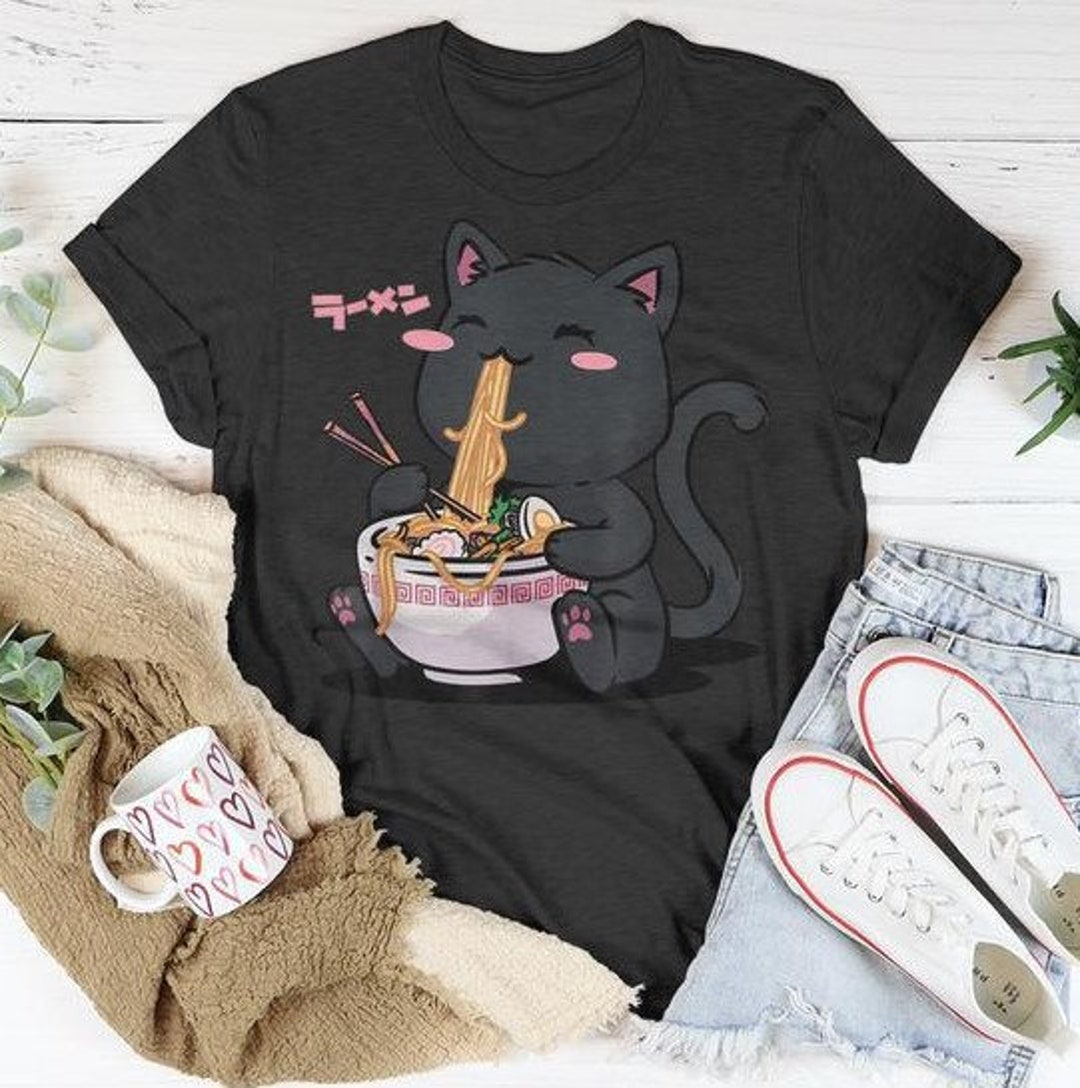 T-shirt Chat Anime 'Cat Ramen' à Paillettes - Motif Humoristique - Matière Polyester/élasthanne - Coupe Unisexe