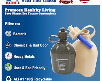 ALFA1 GI Military Water Filter Canteen+1 ALFA1 Life Saver Nano Water Filter Cartridge & Get 1 Free ALFA1 6oz Stainless Steel Flask(OD Green)