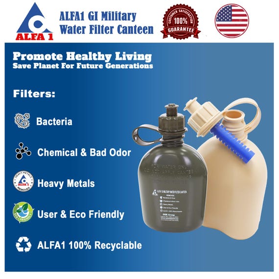 ALFA1 GI Military Water Filter Canteen+1 ALFA1 Life Saver Nano Water Filter Cartridge & Get 1 Free ALFA1 6oz Stainless Steel Flask(OD Green)
