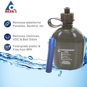 ALFA1 GI Military Water Filter Canteen+1 ALFA1 Life Saver Nano Water Filter Cartridge & Get 1 Free ALFA1 6oz Stainless Steel Flask(OD Green) image 2