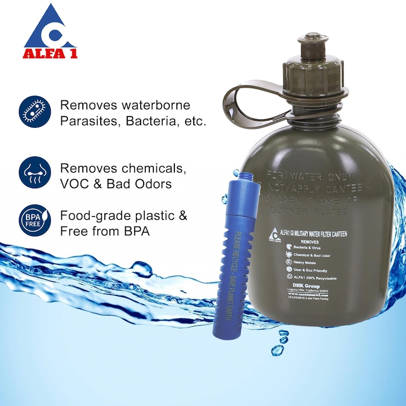 ALFA1 GI Military Water Filter Canteen+1 ALFA1 Life Saver Nano Water Filter Cartridge & Get 1 Free ALFA1 6oz Stainless Steel Flask(OD Green) image 2