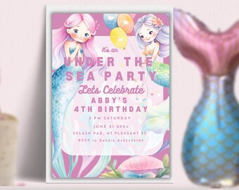 Mermaid 4th Birthday Invitation, Under the Sea Party (Editable Digital Template)