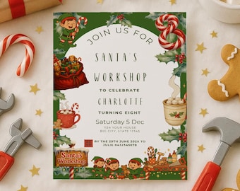May include: A festive Christmas-themed invitation for a Santa's Workshop party, featuring gingerbread men, candy canes, and a gift box with a red bow. The invitation includes the text "Santa's Workshop" and party details.