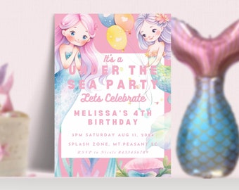 Mermaid 4th Birthday Invitation, Under the Sea Party (Editable Canva Template)