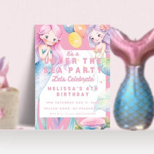 Editable Mermaid birthday invitation 4th birthday fourth birthday un-four-gettable shellebration Mermaid under the sea Pool party printable