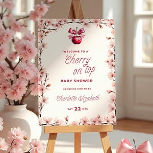 Cherry on Top Welcome Sign Pink Bow Girl Party Decor Sweet Cherry Theme Shower Entrance Sign Cherry Bow Celebration Sign for Girls