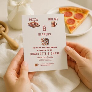 Pizza and Brews Baby Shower Invitation – Editable Canva Template, Instant Download