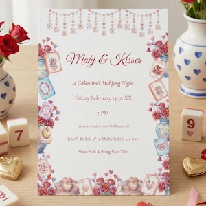 Mahjong & Kisses Galentines inbjudan rosa Mahjong nattfest 5x7 utskrivbar mall