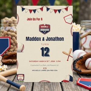 May include: Baseball-themed invitation with the text "Join Us For A Double Header" and "Maddox & Jonathon Turn 12". The invitation is decorated with baseballs, bats, and a baseball cap. The background includes peanuts, popcorn, and baseball-themed cookies.