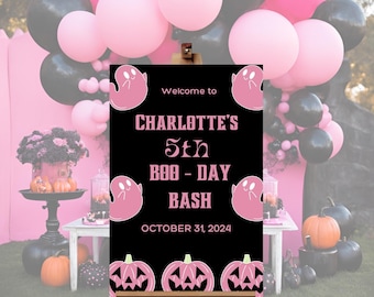 Letrero de bienvenida rosa para cumpleaños de Halloween, fiesta de fantasmas y calabazas (plantilla editable de Canva)