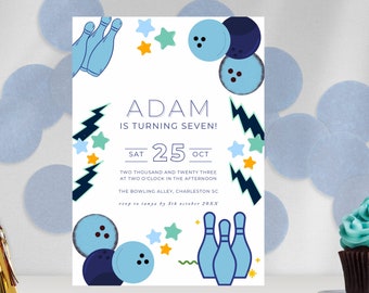 Invitación de cumpleaños número 7 para niño con temática de bolos, editable y descarga digital instantánea.