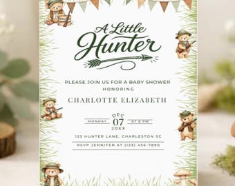 A Little Hunter Is on the Way Baby Shower Invitation Printable Editable Template Instant Download