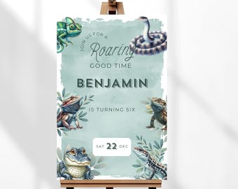 May include: A light blue invitation with a watercolour background featuring a chameleon, snake, and lizards. The text reads "Join us for a Roaring Good Time Benjamin is turning six Sat 22 Dec".