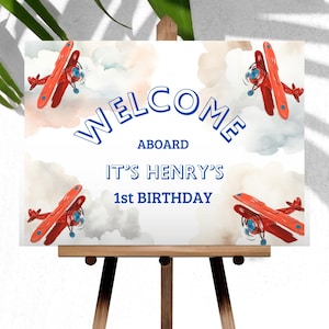 Placa de boas-vindas de aniversário de avião Decoração do tempo voa Placa de aniversário de 1 ano para menino editável Decoração de festa de avião Modelo para download instantâneo