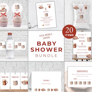 Pizza brews diapers baby shower bundle editable templates instant download baby shower invite brews and diapers theme digital file