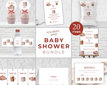 Pizza Brews and Diapers Baby Shower Bundle, Editable Canva Templates, Coed Diaper Party Invitation, Instant Digital Download