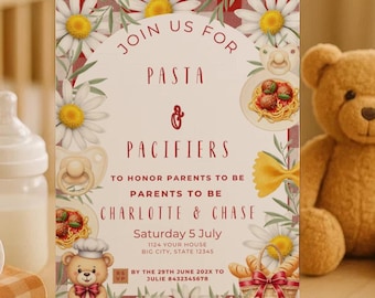 Invitación para baby shower con temática de pasta y chupetes – Plantilla imprimible editable