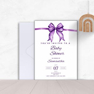 Purple Bow Baby Shower InvitationInstant DownloadPastel Purple Minimalist InviteLavender Ribbon Baby ShowerCanva