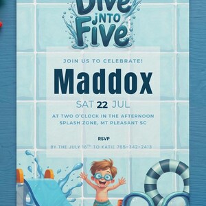 Dive into 5 birthday invite boy Pool  Blue Party Splash Fifth Editable Instant Digital Download