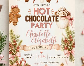 Könnte beinhalten: Eine rechteckige Einladungskarte für eine heiße Schokoladenparty mit Illustrationen von Lebkuchenmännern, einer Tasse heißer Schokolade, Zuckerstangen und Tannenzweigen. Der Text lautet: Join us for a Hot Chocolate Party, Charlotte Elizabeth is turning 7, Sept. 1, 20XX, 3 PM, The Chocolate Bar, rsvp: Mattie 8767656543.