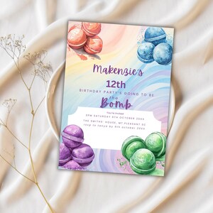 Bath Bomb 12e verjaardagsuitnodiging, verfplonsontwerp direct digitale download