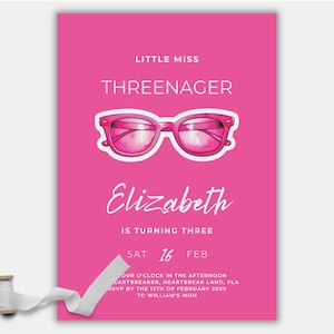 Little Miss Threenager InvitationInstant Download 3rd Birthday InviteGirl 3rd Birthday Threenage Dream SunglassesEditable Template