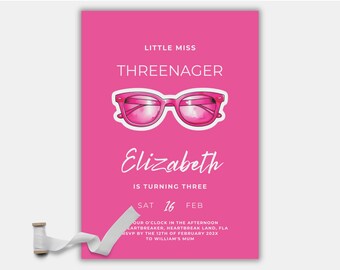 May include: Pink birthday invitation with the text "Little Miss Threenager" and "Elizabeth is turning three". The invitation also includes a pink pair of sunglasses and the date "Sat 16 Feb".