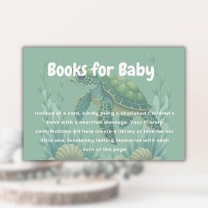 Livros de chá de bebê de tartarugas filhotes para bebêsDownload instantâneoInserção da biblioteca do bebêSolicitação de livro Biblioteca do bebê. Modelo editável para impressão