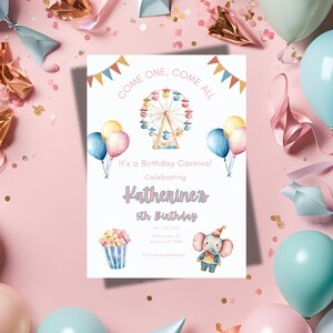 Pastel Carnival InvitationInstant Download5th Birthday InviteClownsridesFifth Birthday Carnival pastel colors CARNIVAL Template