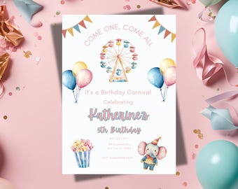 Invitación de cumpleaños número 5 con temática de carnaval pastel (Descarga instantánea)