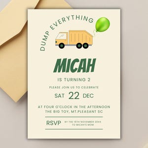 Garbage Truck Birthday Invitation Instant Downlaod Trash Bash Boy Invite Green Dump Everything Party Template