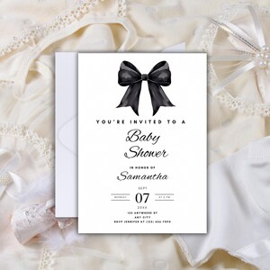 Zaproszenie na Baby Shower z Czarną KokardąNatychmiastowe pobranieZaproszenie na Baby Shower z Czarną WstążkąMinimalistyczny Prysznic z KokardąEdytowalny Szablon do Wydrukowania