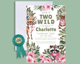 Two Wild Birthday Invitation, Jungle Animals (Instant Download)