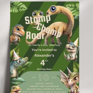 Dino-Four 4th Birthday Dinosaur InviteInstant DownloadFourth Dinos party invitationStompChompRoar come party like a Dinosaur