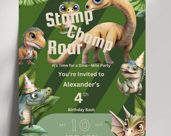 May include: A green and white dinosaur birthday party invitation with the text "Stamp Chomp Roar" and "It's Time for a Dino-Mite Party". The invitation also includes the text "You're Invited to Alexander's 4th Birthday Bash" and details about the party, including the date, time, and location.