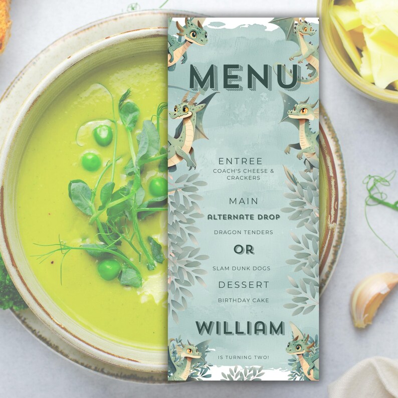 Watercolor Dragon Birthday Menu, Editable Food Table Decor (digital ...