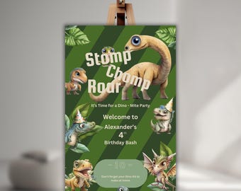 May include: Green and brown dinosaur birthday party invitation with the text "Stomp, Chomp, Roar" and "It's Time for a Dino - Mite Party". The invitation also includes the text "Welcome to Alexander's 4th Birthday Bash" and a reminder to "Don't forget your Dino Kit to make at home".