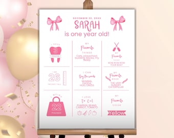 Pink Bow First Birthday Milestone Sign, Girls Party (Digital Download)