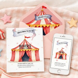 May include: Watercolor circus-themed invitation set. The design features a red and white striped big top tent with the text "Join Us Under The Big Top" and "Oliver's 3rd Ring Circus". Includes an invitation, envelope, and a phone displaying the same design.