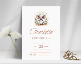 Elephant Girl 1st Birthday Invitation, Editable Template (Digital Download)