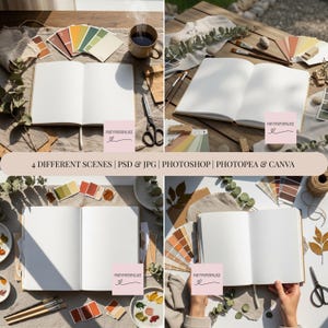 Puede incluir: Cuatro escenas diferentes con un cuaderno en blanco abierto, muestras de pintura y materiales de arte. Las escenas incluyen una taza de café, tijeras y follaje. El texto "PARTYPAPERPALACE" es visible en una etiqueta rosa en cada escena. El texto "4 ESCENAS DIFERENTES | PSD & JPG | PHOTOSHOP | PHOTOPEA & CANVA" también es visible.